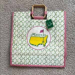 Masters Golf Tournament 2023 burlap tote NWT pink/green. Bamboo handles 18x18